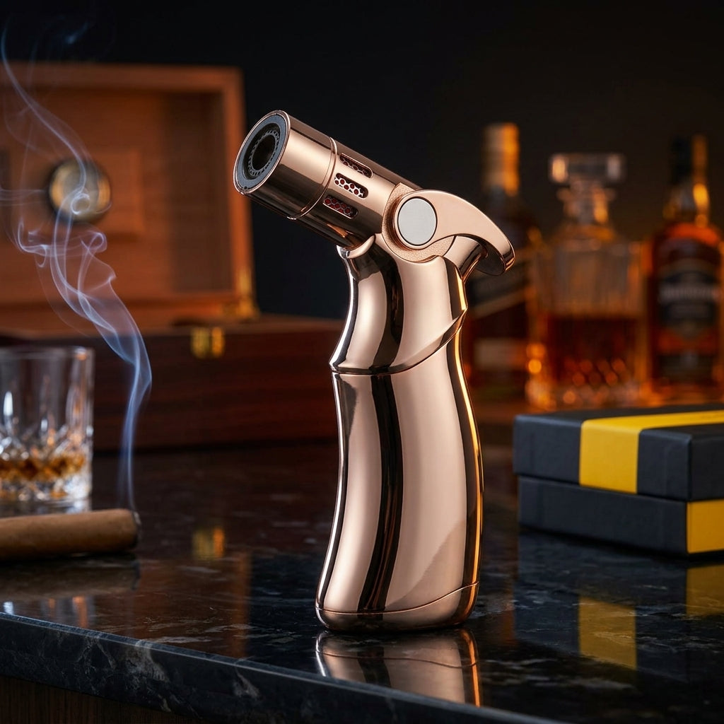 Rose gold cigar torch lighter side view - elegant and refillable butane lighter