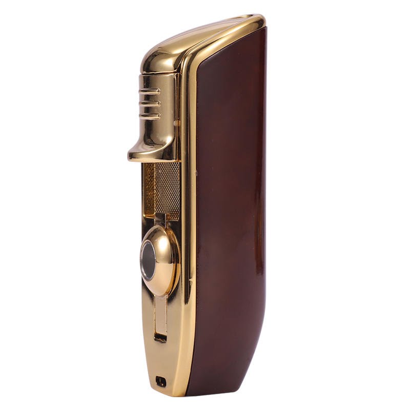 Luxury cigar lighter with brown leather finish and gold metal body - premium torch lighter for cigars