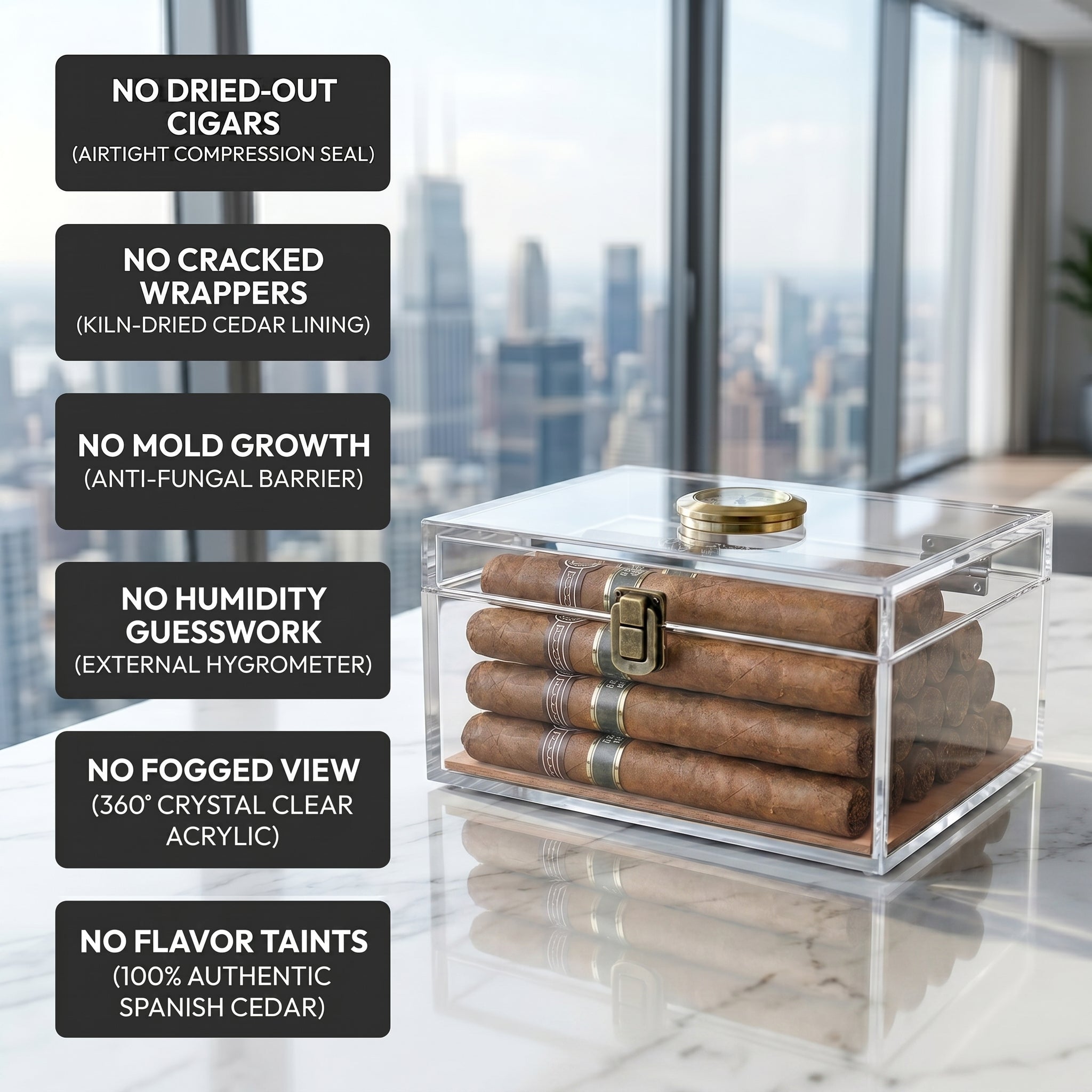 Clarity acrylic humidor with labeled feature callouts: HD transparent construction, pre-calibrated hygrometer, slow-release humidifier, and cedar base tray