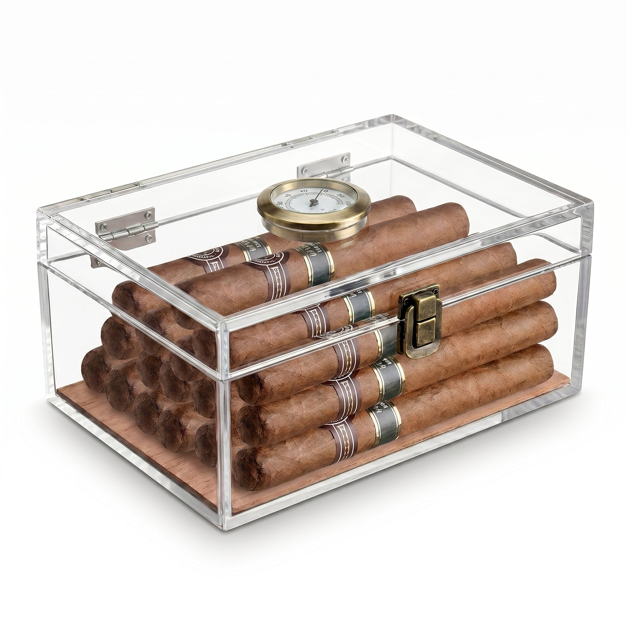 Clarity transparent acrylic desktop humidor filled with cigars, 360-degree visibility, lid-mounted hygrometer, white trim, white background