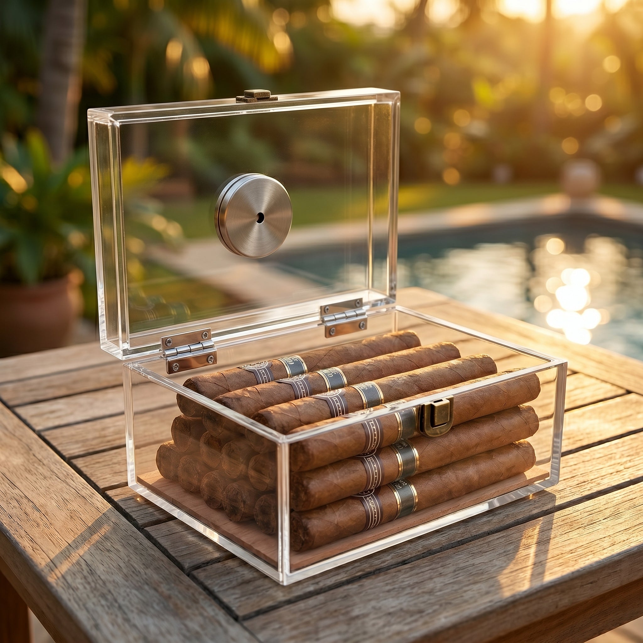 Clarity transparent cigar humidor placed on a wood table, lifestyle setting, showing full collection visibility through acrylic body