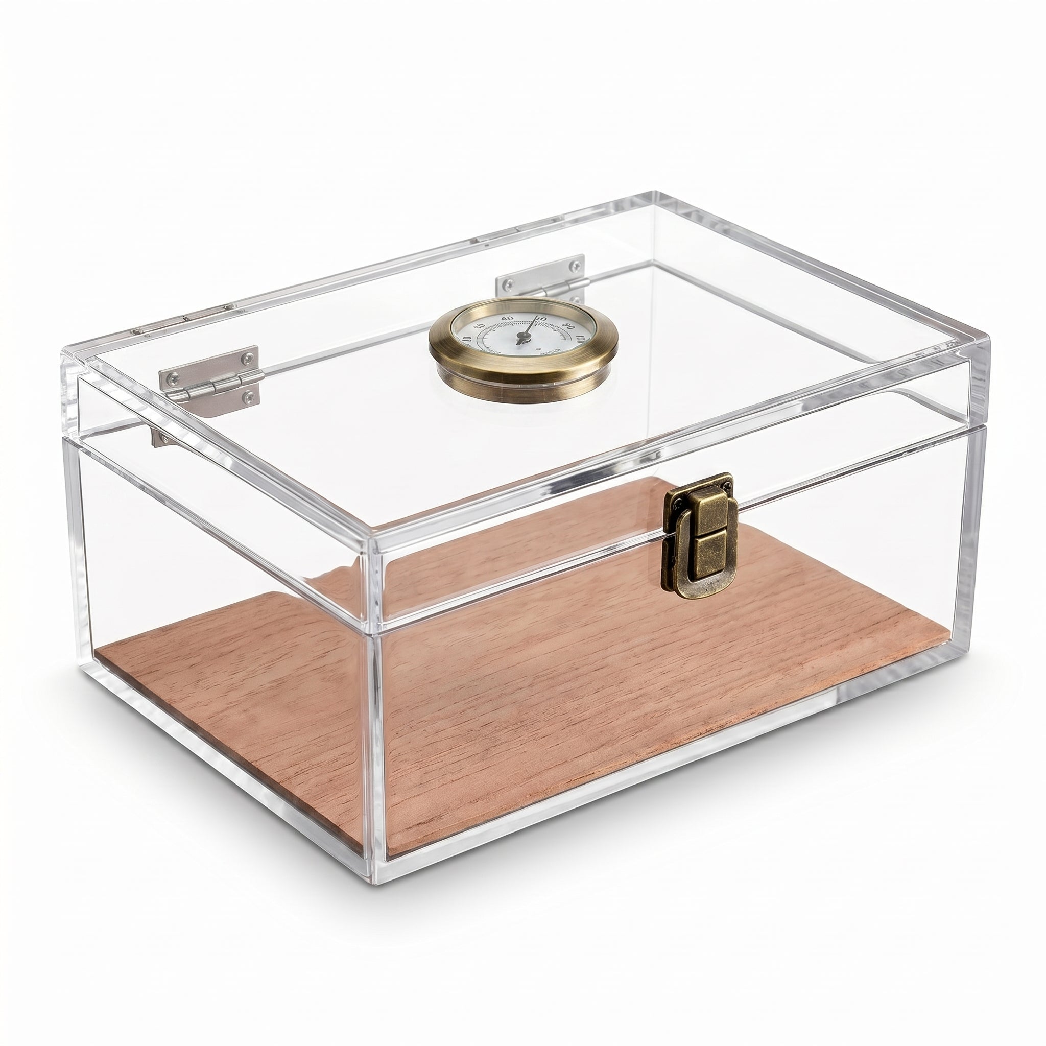 Clarity 20-cigar acrylic desktop humidor closed on white background, clean white trim with flush latch and analog hygrometer on lid