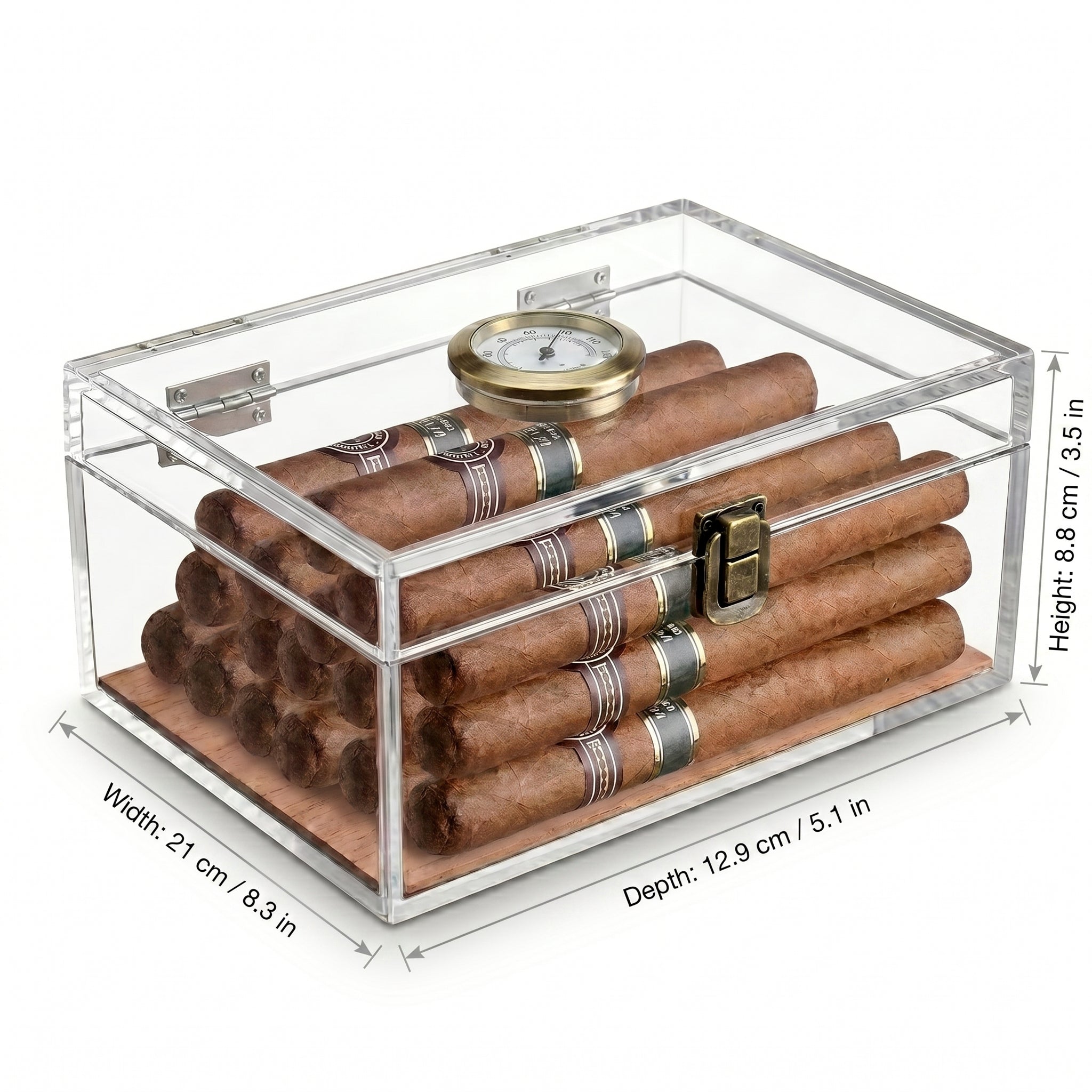 Clarity acrylic cigar humidor with dimensions displayed — 8.3 x 5.1 x 3.5 in — clear body with white trim, white background