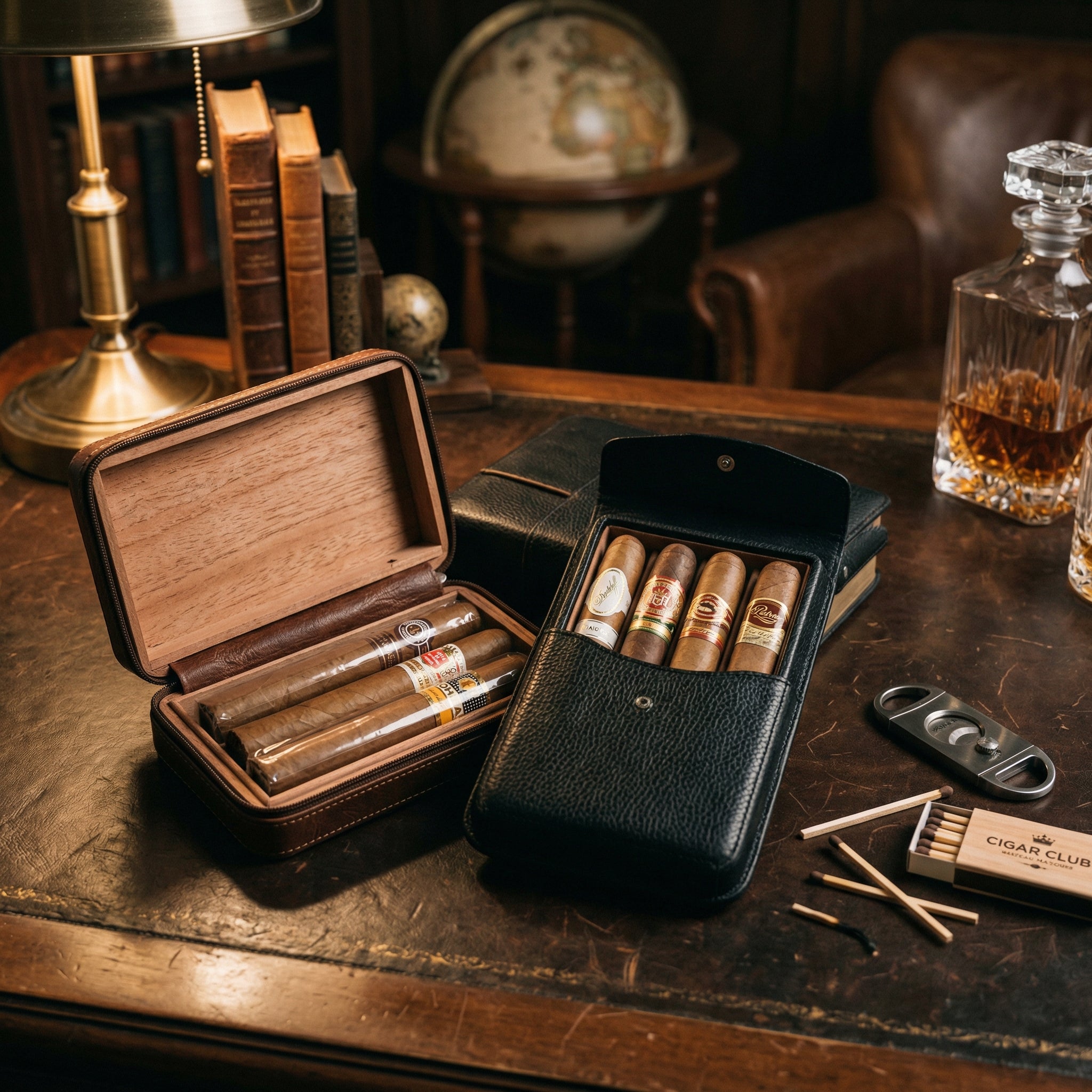 Obsidian travel humidor kit in matte black with brass accents, closed view showing locking clasp and ABS shell, white background