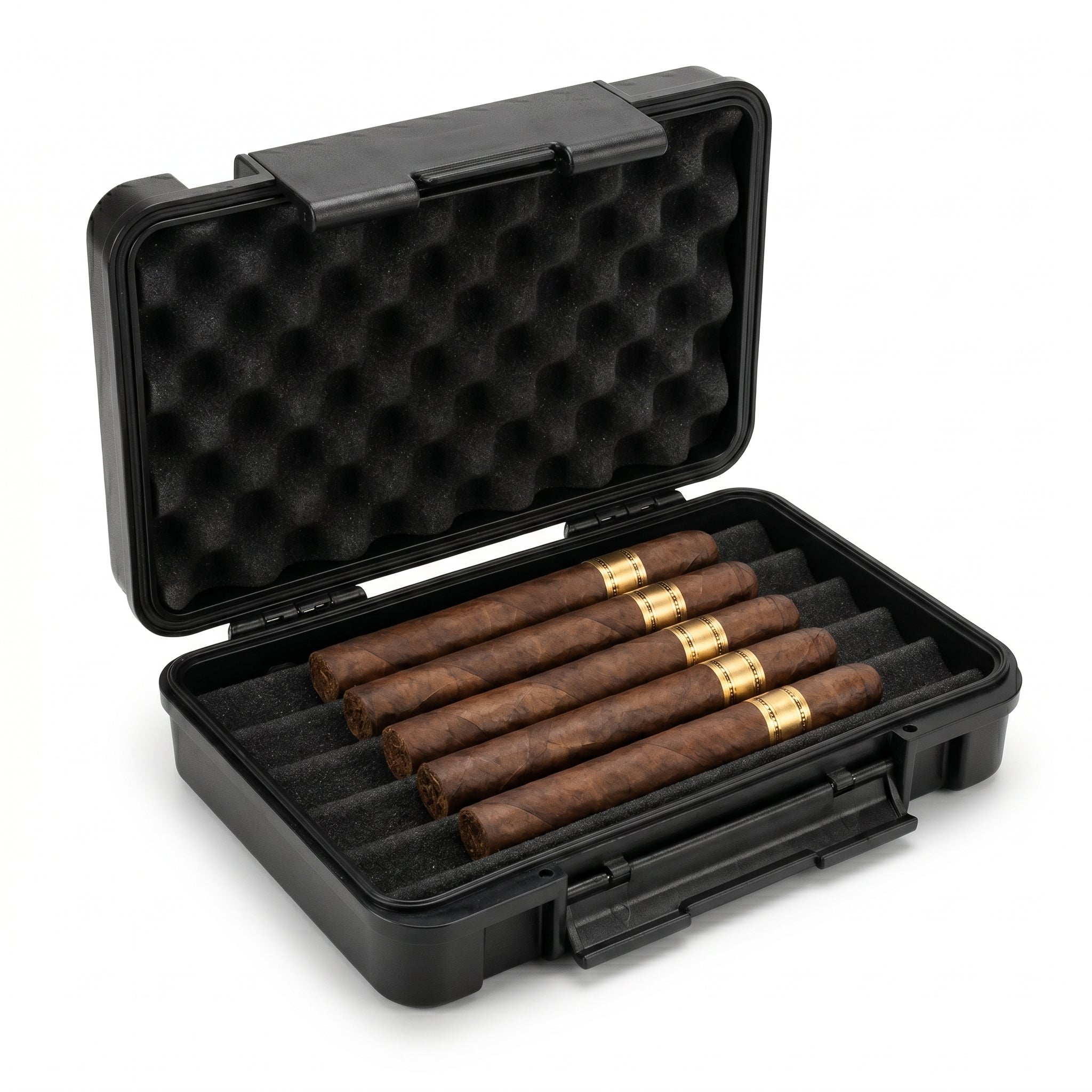 Vanguard travel humidor open on white background, showing pre-cut foam interior holding 5 cigars with humidification device and analog hygrometer visible