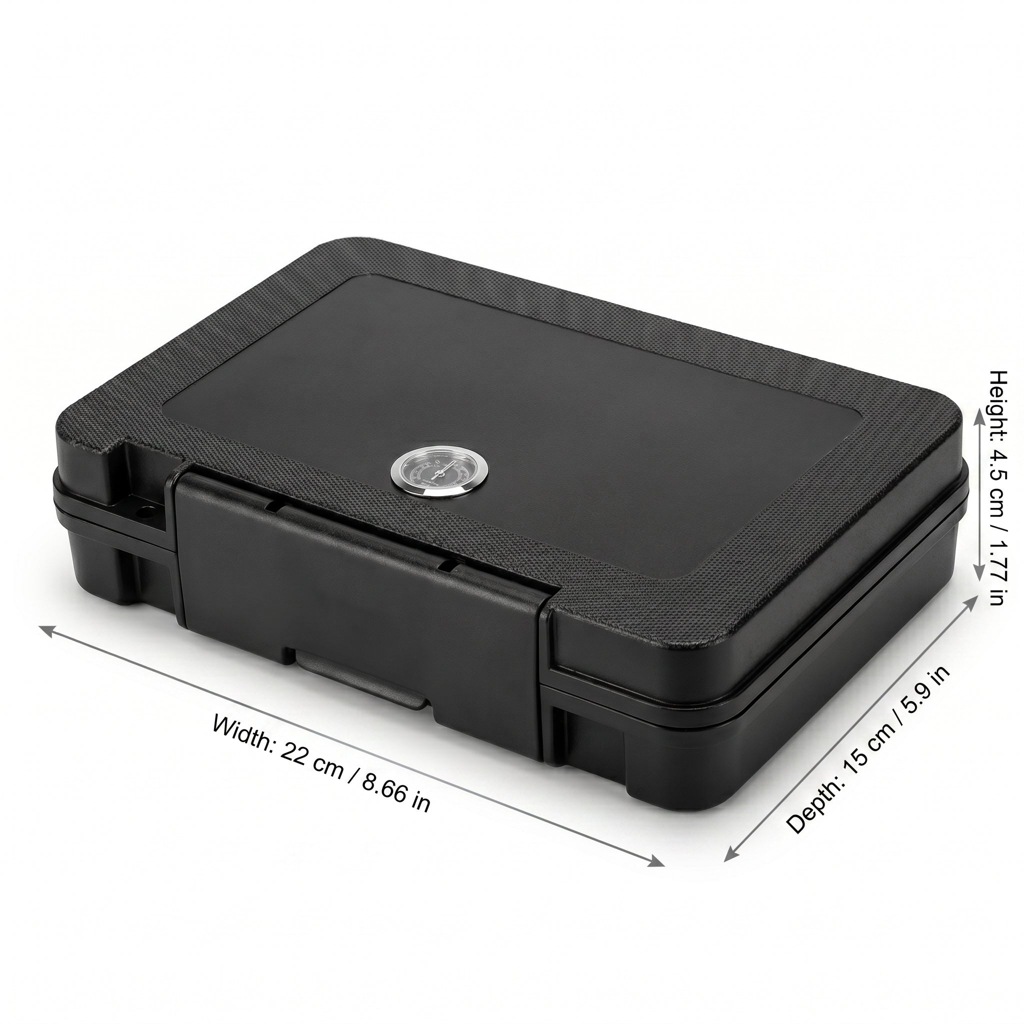 Vanguard 5-cigar travel humidor with dimensions shown — 8.66 x 5.9 x 1.77 in — matte black waterproof shell, white background