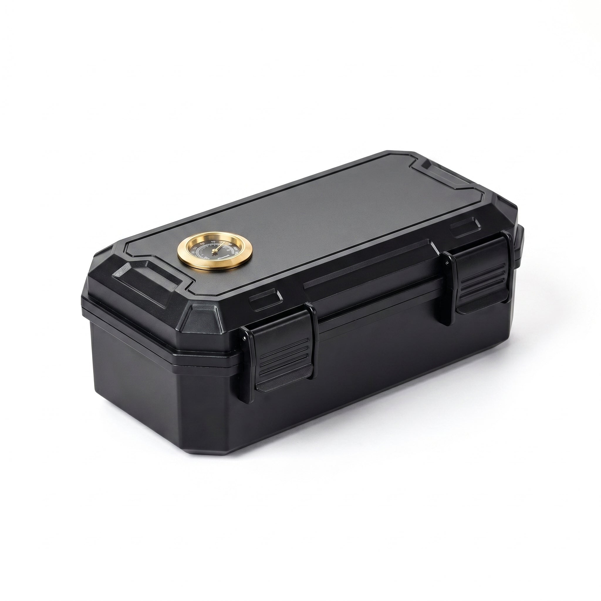 Obsidian travel humidor kit in matte black with brass accents, closed view showing locking clasp and ABS shell, white background
