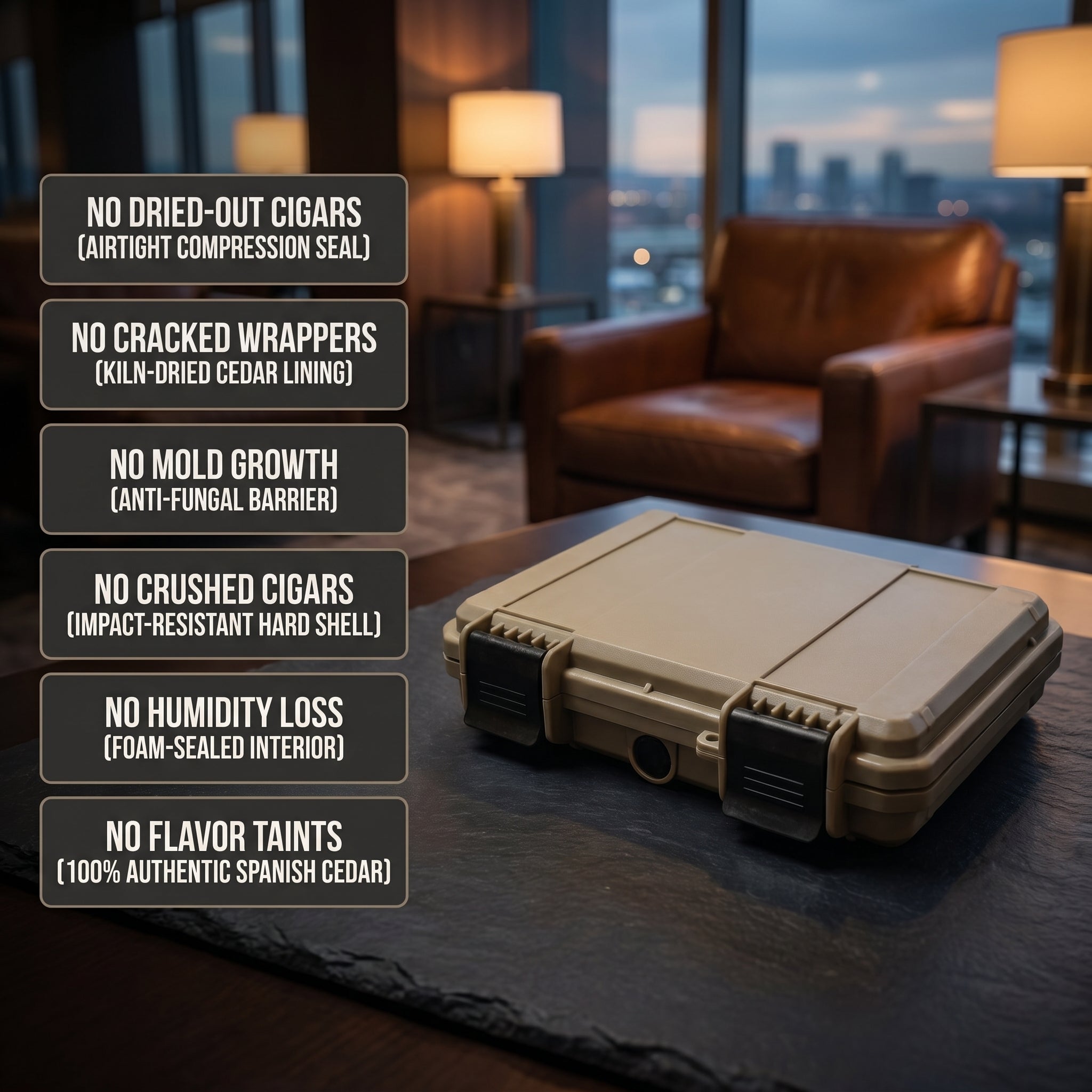 Cedar Shell travel humidor with labeled feature callouts: impact-resistant resin shell, natural cedar interior, quilted foam base, and dual flip-lock closure