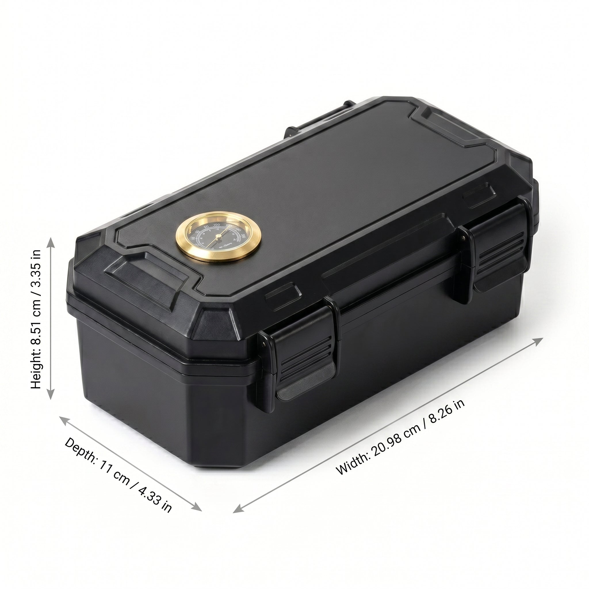 Obsidian travel humidor kit with dimensions shown — 8.26 x 4.33 x 3.35 in — matte black ABS case with brass hardware