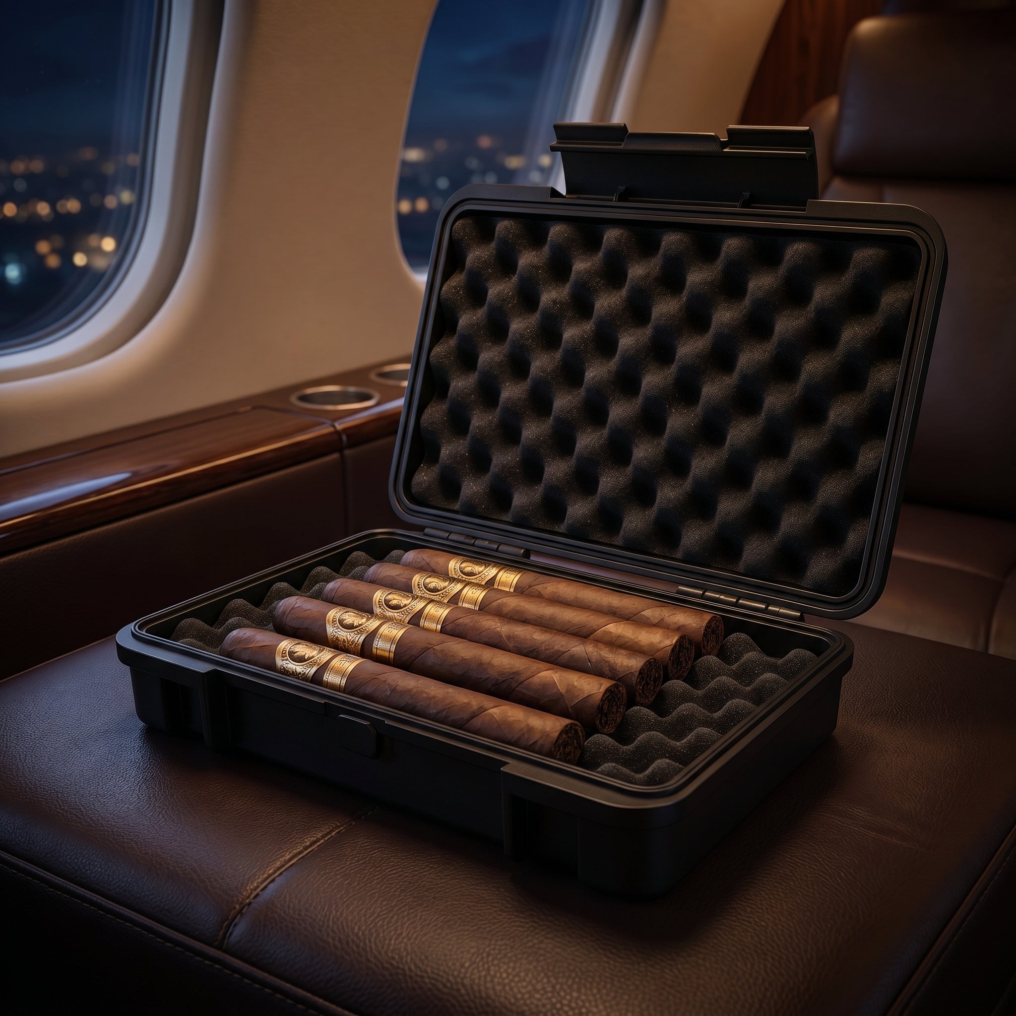 Vanguard travel humidor in lifestyle setting, matte black case with visible analog hygrometer, positioned for travel use
