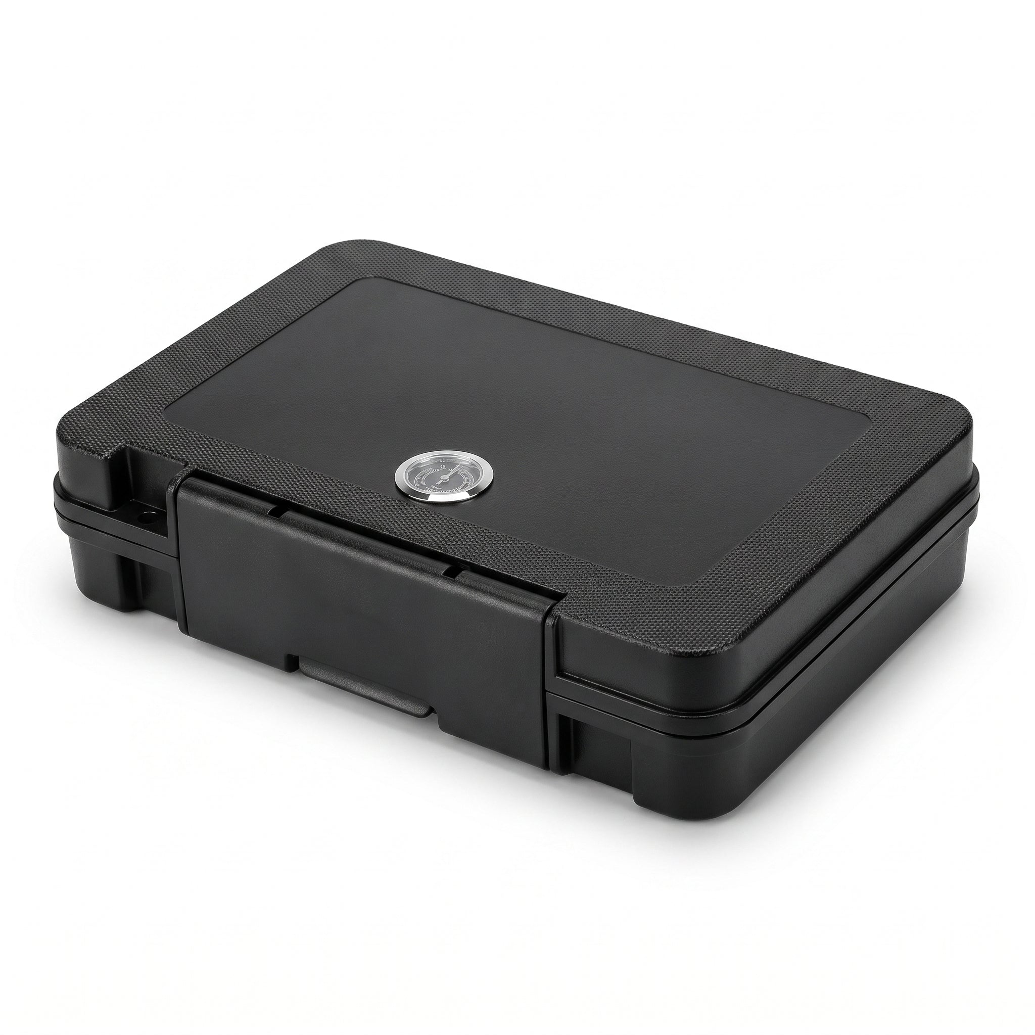 Vanguard travel humidor in matte black ABS, closed view showing flush-mounted analog hygrometer and single-point latch, white background
