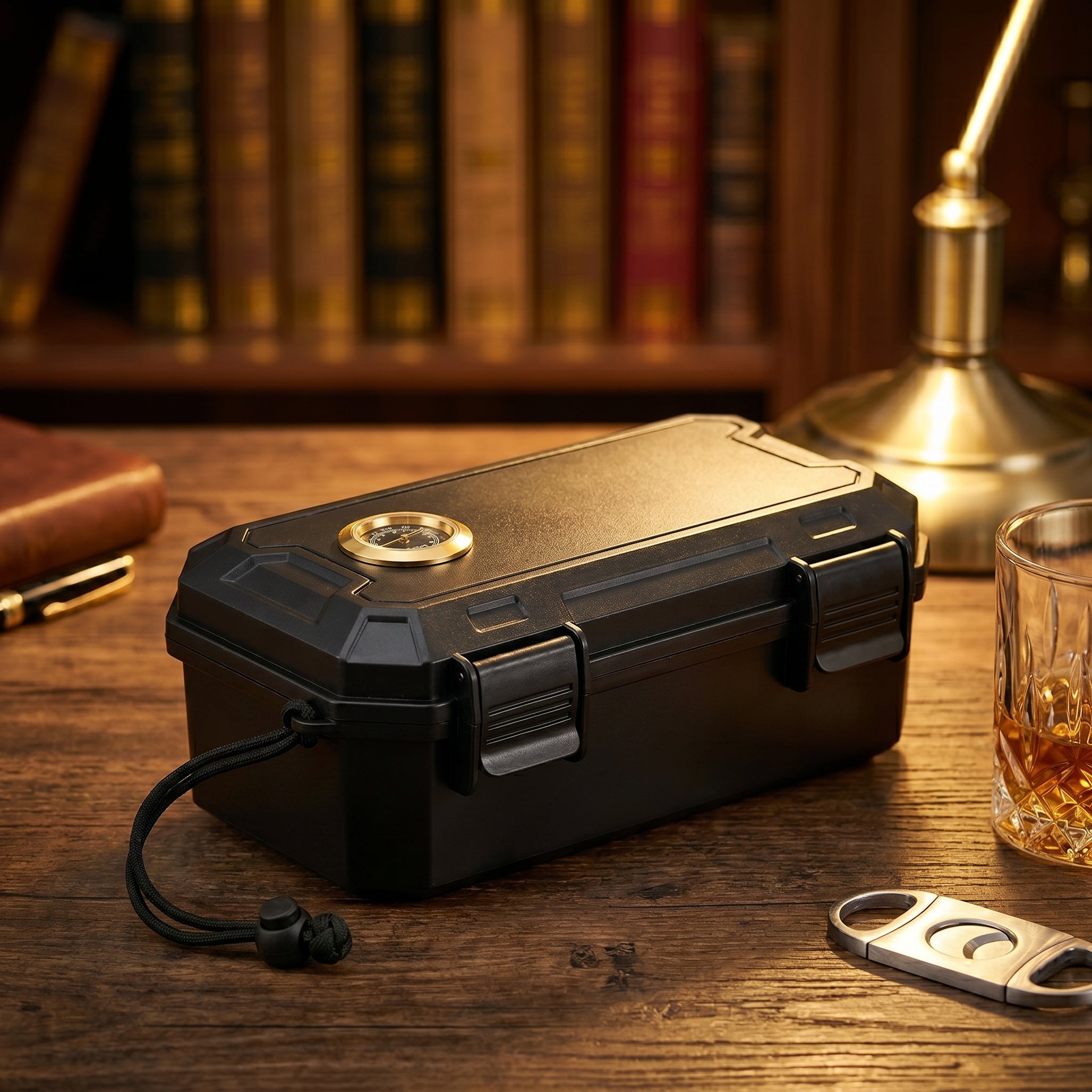Obsidian travel cigar kit in lifestyle setting, complete set displayed with humidor case, torch lighter with punch, and integrated ashtray