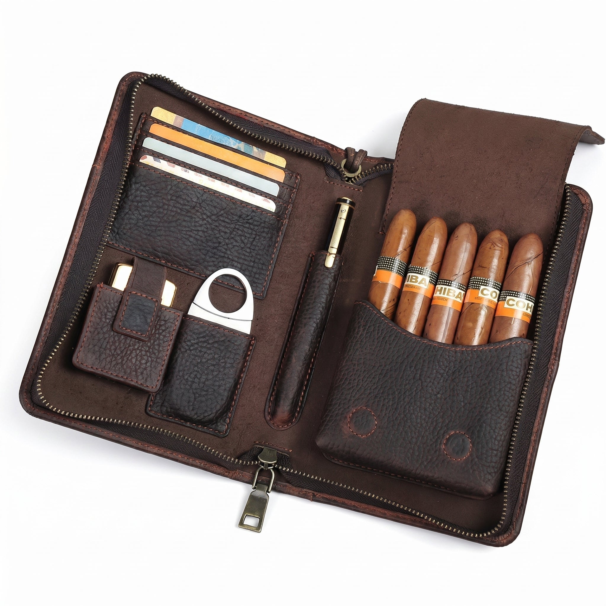 Garrison 5-cigar travel folio fully open on white background, revealing organized interior with dedicated cigar sleeve, card slots, and accessory pocket