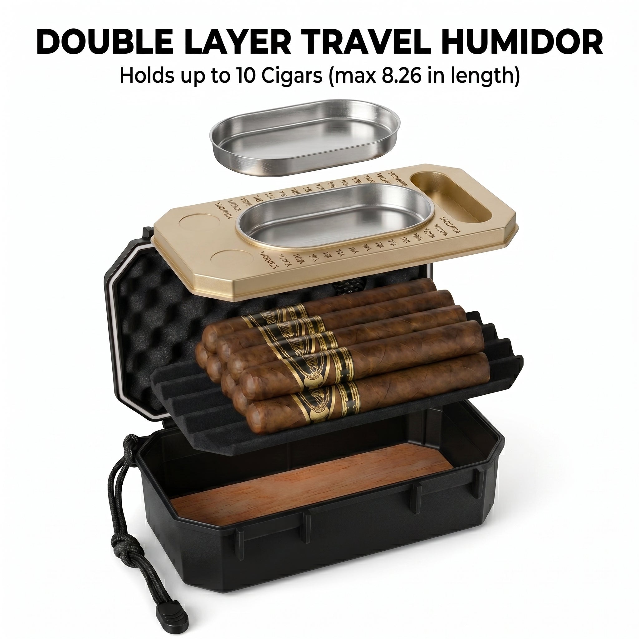 Obsidian travel humidor kit open, showing integrated recessed ashtray compartment, cedar-lined interior, and included torch lighter with brass accents