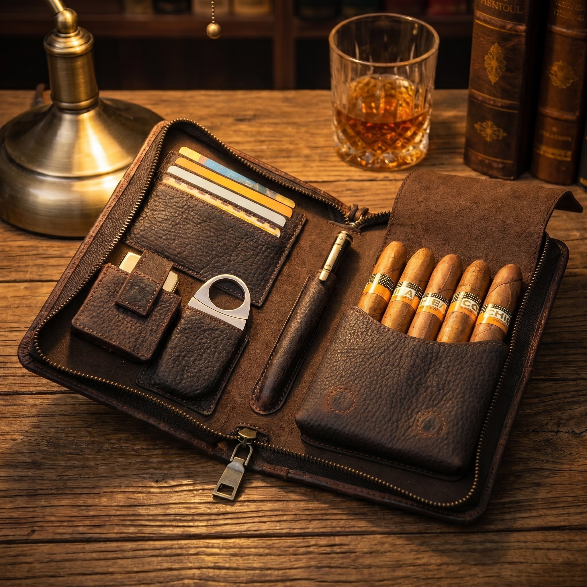 Garrison leather cigar folio open in lifestyle setting, showing cigar sleeve, card slots, accessory pocket, and pen loop organized together
