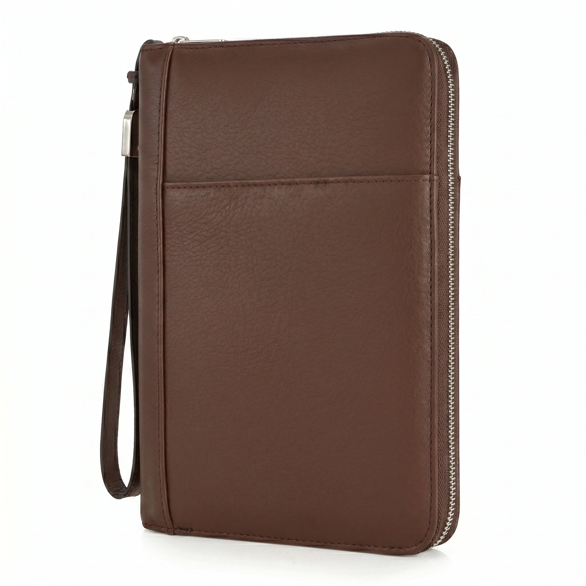 Garrison cigar folio in textured tobacco brown leather, closed with full-perimeter zipper, slim profile on white background
