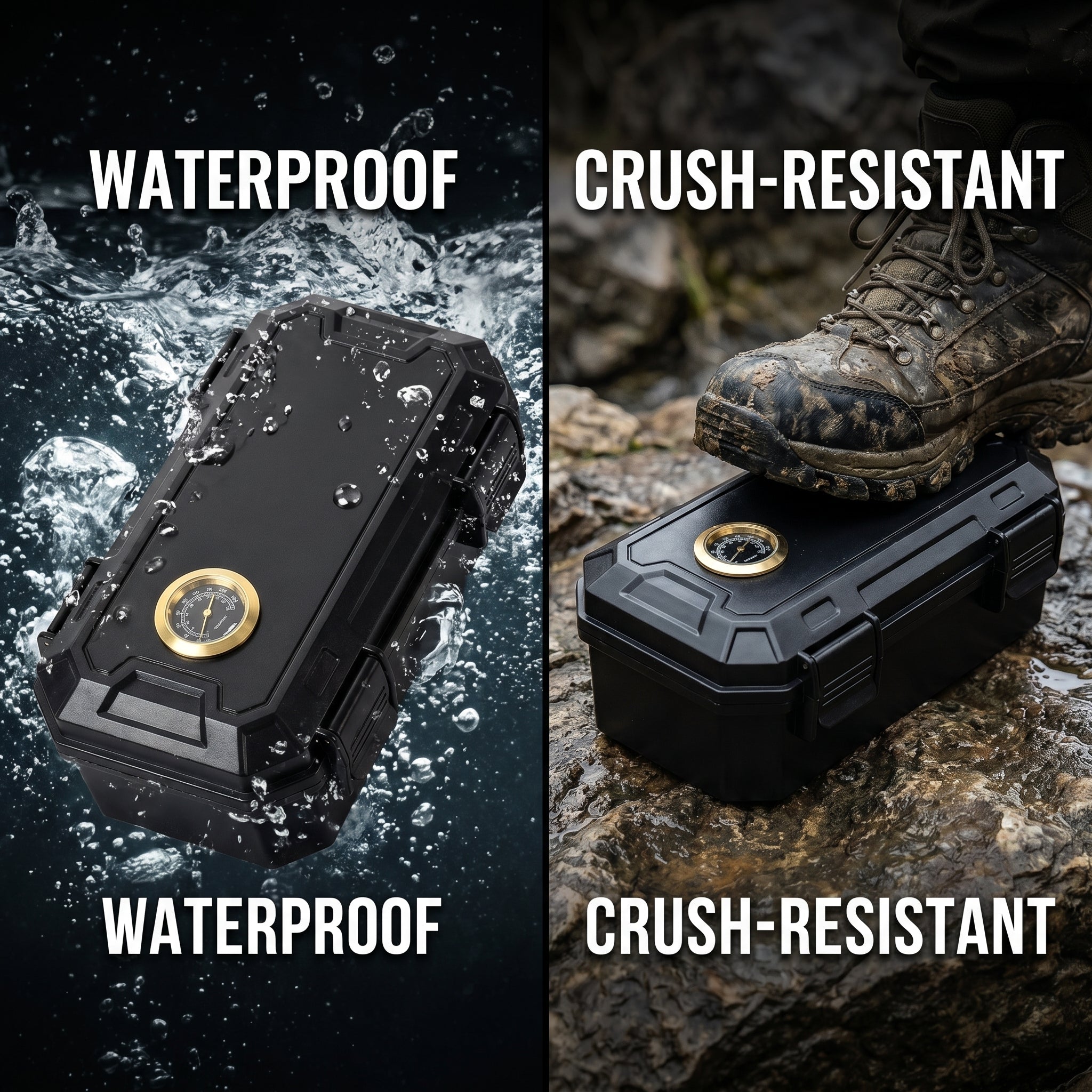 Obsidian travel humidor demonstrating waterproof and crush-resistant ABS shell construction, sealed rubber gasket and locking clasp visible