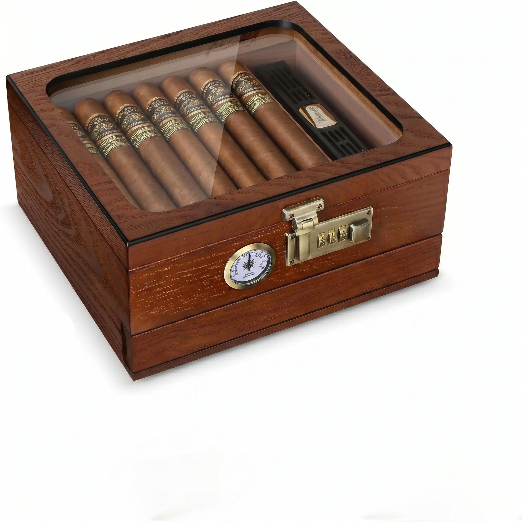 Aldgate cedar wood cigar humidor with drawer closed and glass lid shut, front view showing analog hygrometer, white background