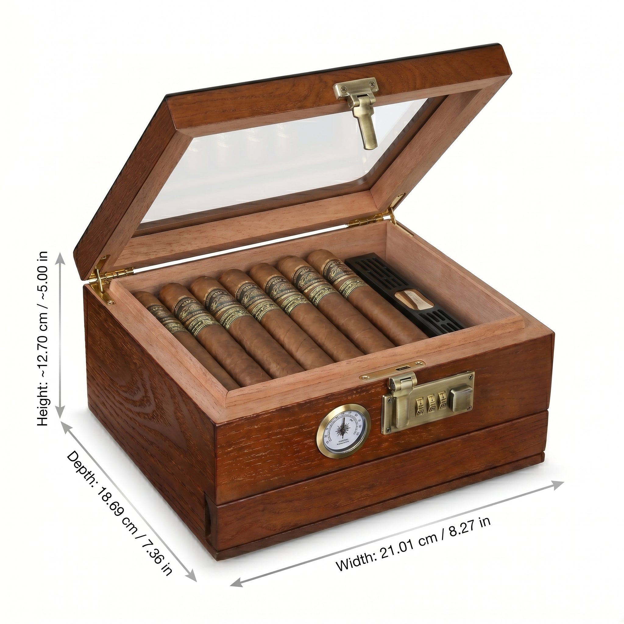 Aldgate cigar humidor with dimensions shown — 8.27 x 7.36 x 1.97 in — wood finish, drawer and glass top visible