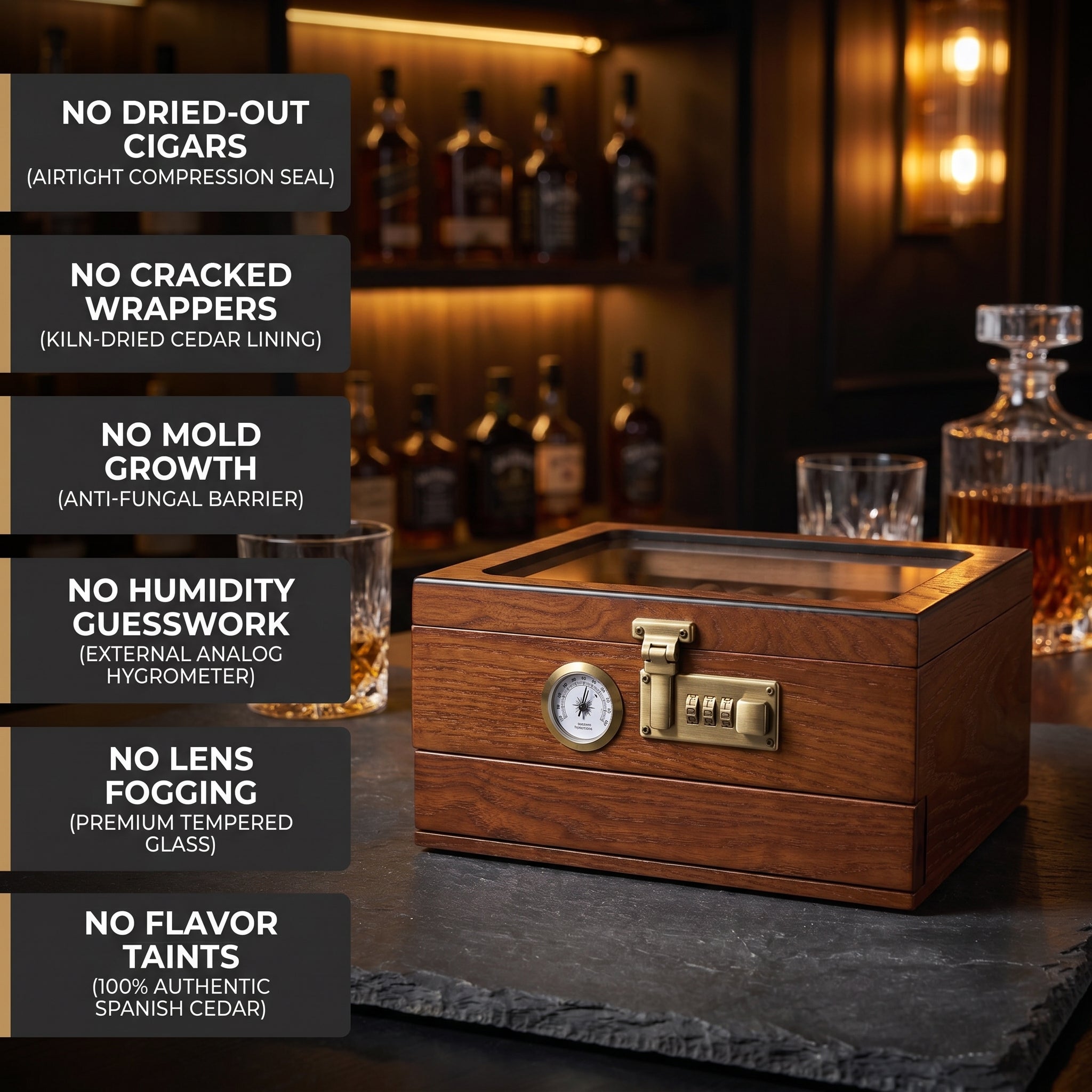 Aldgate cedar humidor with labeled feature callouts: glass lid, combination lock, drawer storage, and analog hygrometer