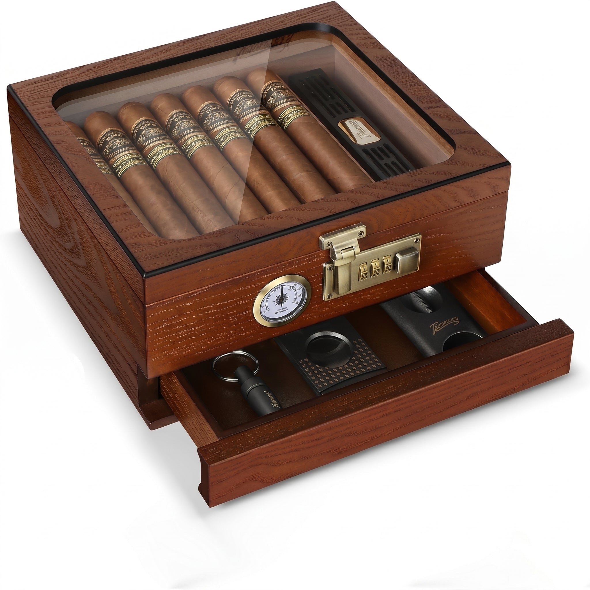 Aldgate desktop cigar humidor with tempered glass lid and full-width accessory drawer open, cedar wood finish, white background