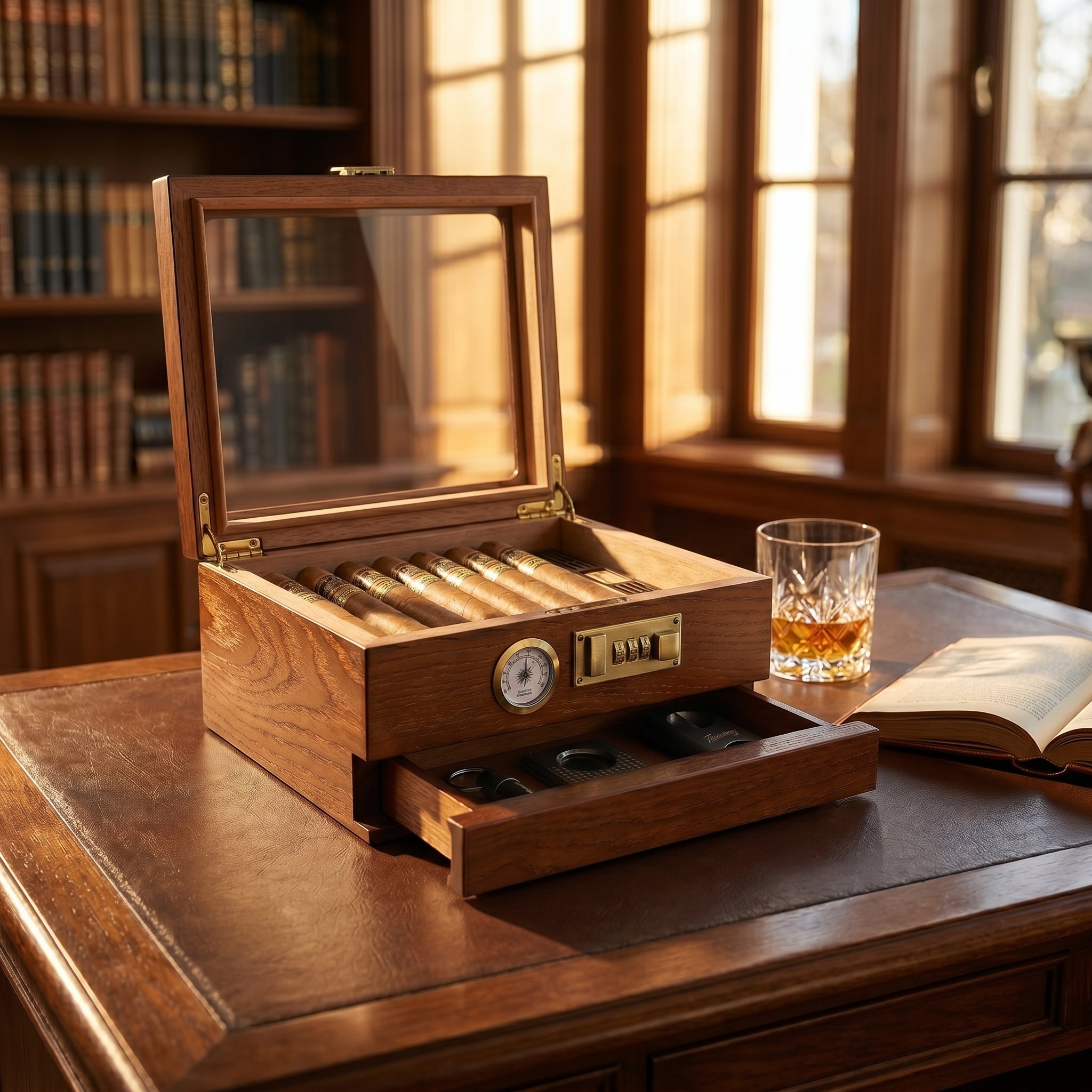 Aldgate desktop humidor with open accessory drawer displayed on a desk, lifestyle setting, cedar wood with glass top